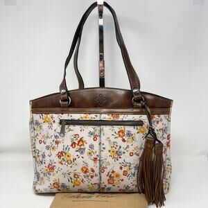 Patricia Nash Leather Poppy Tote Mini Meadows Floral‎ Print Brown Trim Tassels